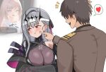  1boy 2girls :t artceister bandaged_head bandages black_crown black_dress black_tiara blush breasts brown_hair cheek_poking cleavage closed_mouth commander_(nikke) commentary crossed_arms crown dress english_commentary english_text faceless faceless_male finger_to_another's_cheek gloves goddess_of_victory:_nikke grey_hair hair_over_eyes heart highres hospital_gown impossible_clothes impossible_jacket jacket jealous large_breasts long_hair long_sleeves military_jacket military_uniform modernia_(nikke) modernia_(second_affection)_(nikke) multiple_girls official_alternate_costume only_one_(nikke) open_mouth poking pout red_eyes see-through_cleavage see-through_clothes shiny_eyes short_hair sideless_dress simple_background smile spoken_heart symbol-shaped_pupils tiara very_long_hair white_background white_gown 