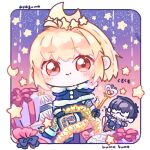  1girl antenna_hair arcueid_brunestud aya_kumokumo blonde_hair blue_capelet blue_dress blue_gloves blue_shorts blush box capelet chibi chibi_only christmas_ornaments commentary crescent_moon crown dated dress fate/grand_order fate_(series) fur-trimmed_capelet fur_trim garland_(decoration) gift gift_box gloves happy_birthday highres holding holding_wand kaleidostick looking_at_viewer magical_girl moon phantas-moon phantas-moon_(third_ascension) phantasm_rod pom_pom_(clothes) red_eyes santa_costume short_hair shorts sidelocks single_hair_intake sitting smile solo star_(symbol) stuffed_toy tohno_shiki wand 