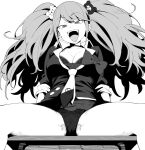  1girl :d black_bra bra breasts cameltoe cleavage commentary_request danganronpa_(series) desk empty_eyes enoshima_junko evil_smile gyaru henyaan_(oreizm) highres lace_trim large_breasts looking_at_viewer monochrome panties school_desk school_uniform sitting smile solo spread_legs twintails underwear 