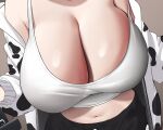  1girl animal_print breast_focus breasts cleavage cow_print head_out_of_frame highres hololive huge_breasts jacket kuse_(0201) navel shiny shiny_skin shirogane_noel shirt shorts simple_background sleeveless sleeveless_shirt solo unfinished unzipped virtual_youtuber zipper 