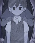  1boy 1girl bathroom black_hair brother_and_sister collared_shirt empty_eyes hands_on_another's_shoulders highres looking_at_viewer mari_(omori) mari_(spirit)_(omori) monochrome nrdeluxe omori shirt siblings sunny_(omori) 