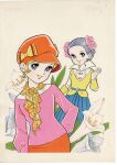  1970s_(style) 2girls artist_request black_hair blonde_hair blue_eyes blue_skirt bow braid braided_bun center_frills flower frills green_eyes green_neckerchief hair_bun hair_flower hair_ornament hand_up hat hat_bow highres lily_(flower) multiple_girls neckerchief official_art original painting_(medium) parted_lips pink_flower pink_shirt pleated_skirt red_hat red_skirt retro_artstyle shirt short_hair simple_background skirt smile standing third-party_source traditional_media vest white_background white_lily white_shirt yellow_bow yellow_vest 
