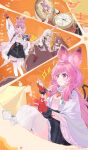  4girls :d absurdres angelina_(arknights) angelina_the_mellow_wish_(arknights) animal_ears arknights arm_up bare_shoulders black_skirt blush brown_hair camera carrot character_name chinese_commentary closed_mouth commentary damaged eating fingerless_gloves flower fox_ears fox_girl frills fur-trimmed_skirt fur_trim gloves grey_eyes grey_hair hair_flower hair_ornament hairband hairclip highres holding holding_camera holding_spoon infection_monitor_(arknights) jacinta_(arknights) long_hair material_growth mouth_hold multiple_girls multiple_hairclips notice_lines open_mouth orange_gloves oripathy_lesion_(arknights) outstretched_arm photo_(object) pink_hair plaid_clothes plaid_skirt pocket_watch red_pupils screwdriver skirt smile sparkle spoon thighhighs thumpy_(arknights) timeslot_(arknights) twintails watch watchdog_rol_(y1104280730) waving white_flower white_thighhighs yellow_eyes 