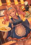 1girl :d absurdres alternate_costume angelina_(arknights) animal_ear_fluff animal_ears apron arknights blue_hairband blue_kimono blue_sleeves brown_eyes brown_hair cake ceiling_light commentary cowboy_shot creature detached_sleeves dot_nose dutch_angle english_commentary food fox_ears fox_girl frilled_apron frilled_hairband frilled_kimono frills hairband highres holding holding_plate indoors japanese_clothes kimono long_hair long_sleeves looking_at_viewer maid maid_apron open_mouth plate restaurant rice sidelocks smile solo standing thighhighs twintails wa_maid waist_apron white_apron white_thighhighs wide_sleeves zhi_niao 