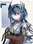  1girl arknights black_hairband black_skirt blue_eyes blue_hair blush brown_gloves cantabile_(arknights) character_name commentary_request cross cross_necklace crossed_bangs elbow_gloves feather_hair_ornament feathers frown gloves hair_between_eyes hair_intakes hair_ornament hairband highres jewelry long_hair mole mole_under_eye necklace paper_background shirt skirt solo upper_body white_shirt yuyan_yu_yan 