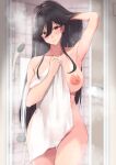 1girl after_bathing arm_up armpits bangs black_hair blush breasts brown_eyes closed_mouth collarbone completely_nude covering cow hair_between_eyes hand_in_own_hair highres holding holding_towel idolmaster idolmaster_shiny_colors indoors large_breasts long_hair looking_at_viewer mole mole_under_eye nipples nude nude_cover shirase_sakuya shower_(place) shusiki smile solo steam thigh_gap towel wet 