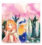  1boy 1girl bard_(sekaiju) bard_1_(sekaiju) blonde_hair blue_coat blue_eyes border cherry_blossoms cloak closed_mouth coat commentary_request earrings forest fur-trimmed_coat fur-trimmed_headwear fur-trimmed_sleeves fur_trim gunner_(sekaiju) gunner_2_(sekaiju) jewelry light_blush long_hair mado-md nature orange_hair pom_pom_(clothes) profile red_ribbon ribbon sekaiju_no_meikyuu sekaiju_no_meikyuu_2 smile trap tree upper_body white_border white_cloak 