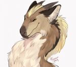  2019 ambiguous_gender blonde_hair brown_body brown_fur bust_portrait cheek_tuft dated dragon facial_tuft famir_(artist) feral fur furred_dragon grey_horn hair horn inner_ear_fluff mouth_closed narrowed_eyes neck_tuft portrait simple_background solo tuft white_background white_body white_fur white_inner_ear_fluff yellow_eyes 