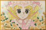  1970s_(style) 1girl blonde_hair border brown_border candice_white_ardlay candy_candy_(series) falling_petals flower frills green_eyes hat hat_flower igarashi_yumiko looking_at_flowers medium_hair official_art orange_flower orange_petals painting_(medium) petals pink_flower pink_hat pink_shirt portrait retro_artstyle shirt signature solo third-party_source traditional_media 