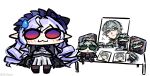  1girl :3 al_7xyz ascot bow character_charm character_doll charm_(object) chibi closed_mouth comedic_sweatdrop doll drawing_(object) drill_hair drill_sidelocks hairband highres long_hair paper pointy_ears purple_ascot purple_bow purple_hair purple_hairband red_eyes sidelocks simple_background solo vivian_banshee white_background zenless_zone_zero 