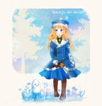  1girl blonde_hair blue_coat boots brown_boots brown_gloves buttons coat collared_shirt commentary_request copyright_name creature flower full_body fur-trimmed_coat fur-trimmed_headwear fur_trim gloves green_shirt gun gunner_(sekaiju) gunner_2_(sekaiju) holding holding_gun holding_weapon jack_frost_(megami_tensei) long_hair mado-md outdoors pom_pom_(clothes) sekaiju_no_meikyuu sekaiju_no_meikyuu_2 shirt snow snow_ghost_(sekaiju) tree weapon 