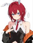 ... 1girl ange_katrina animal_ears bare_shoulders black_jacket black_shirt blue_eyes blush breast_conscious breasts bunny_day closed_mouth collared_shirt commentary_request crossed_bangs droopy_ears fake_animal_ears frown hair_between_eyes hair_intakes hair_ornament hairclip hand_on_own_chest hand_up happachan2do6 highres jacket jacket_partially_removed layered_shirt long_sleeves looking_down medium_hair navel necktie nijisanji nontraditional_playboy_bunny official_alternate_costume orange_jacket oversized_breast_cup red_hair red_necktie shirt short_necktie sidelocks simple_background sketch sleeveless sleeveless_shirt small_breasts solo speech_bubble spoken_ellipsis sweatdrop triangle_hair_ornament two-sided_fabric two-sided_jacket upper_body variant_set virtual_youtuber white_background white_shirt 