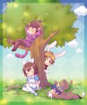  4boys :3 ^_^ against_tree alice's_adventures_in_wonderland alice_(alice_in_wonderland) alice_(alice_in_wonderland)_(cosplay) animal_ears argyle_background arm_support arms_behind_head baka_to_test_to_shoukanjuu behind_tree black_vest blue_dress blue_flower blue_shoes blue_sky blush border bow bowtie brown_eyes brown_hair brown_hat brown_jacket brown_pants brown_shoes camera cat_boy cat_ears cat_tail cheshire_cat_(alice_in_wonderland) cheshire_cat_(alice_in_wonderland)_(cosplay) closed_eyes cloud coattails commentary_request contrast_collar cosplay crossdressing crossdressing_(mtf) day deformed double-parted_bangs dress flower full_body grass grid_teeth grin hair_flower hair_ornament hairband hat holding holding_camera jacket kinoshita_hideyoshi long_sleeves lying mad_hatter_(alice_in_wonderland) mad_hatter_(alice_in_wonderland)_(cosplay) male_focus medium_hair multiple_boys on_ground on_stomach pants parted_bangs peeking_out pink_flower profile purple_sweater purple_tail rabbit_ears red_bow red_bowtie sakamoto_yuuji sawarabi_hisoka shoes short_hair sidelocks sitting_on_branch sky sleeping smile spiked_hair standing strappy_heels striped_clothes striped_sweater striped_tail sweater tail tailcoat taking_picture thighhighs top_hat transparent_border trap tree tsuchiya_kouta very_short_hair vest white_hairband white_rabbit_(alice_in_wonderland) white_rabbit_(alice_in_wonderland)_(cosplay) white_thighhighs wide_shot yoshii_akihisa 