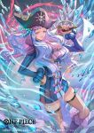  1girl bisaiiiii blue_hair boots closed_mouth commentary_request copyright_name dress eyelashes hand_on_own_hip hat holding holding_sword holding_weapon long_sleeves looking_at_viewer official_art one_piece one_piece_card_game pirate_hat smile solo striped_clothes striped_dress sword thighhighs vertical-striped_clothes vertical-striped_dress weapon whitey_bay 