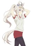  1girl absurdres adjusting_hair animal_ears black_pantyhose blue_eyes caster_project commentary_request cowboy_shot ear_ornament grey_hair hair_ornament highres horse_ears horse_girl horse_tail light_blush long_hair multicolored_hair oguri_cap_(umamusume) pantyhose pantyhose_under_shorts ponytail red_shorts shirt shorts sidelocks simple_background solo streaked_hair tail umamusume very_long_hair white_background white_shirt 