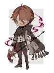  1boy ahoge axe black-framed_eyewear blush boots brown_hair buttons closed_mouth coat colored_bangs commentary deformed frown garter_straps glasses grey_pants grey_scarf highres holding holding_axe littlebluemuffin magic open_clothes open_coat original pants scarf untranslatable_commentary watermark weapon white_background 