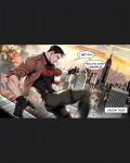  1boy batman_(series) batman_symbol belt black_bodysuit black_gloves black_hair blue_eyes bodysuit brown_jacket day dc_comics gloves highres jacket jason_todd male_focus multicolored_bodysuit muscular muscular_male namicsp open_clothes pants red_hood_(dc) red_hood_and_the_outlaws short_hair superhero_costume taut_bodysuit taut_clothes two-tone_bodysuit utility_belt western_comics_(style) 