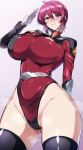  1girl adapted_costume ahoge black_thighhighs blush breasts commentary covered_navel covered_nipples gloves grin gundam gundam_seed gundam_seed_destiny highleg highleg_leotard highres kumakichi_(cost-lost) large_breasts leotard long_sleeves looking_at_viewer lunamaria_hawke pink_hair purple_eyes red_leotard salute short_hair sidelocks smile thighhighs white_gloves 