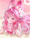  1girl absurdres ahoge alternate_costume animal_ear_fluff animal_ears arknights bare_shoulders blush bow chest_bow chibuchine commentary_request commission dress food frilled_hairband frills fruit gloves hairband hand_on_own_cheek hand_on_own_face heart highres long_hair looking_at_viewer lying on_stomach open_mouth peach pink_background pink_bow pink_eyes pink_gloves pink_hair rabbit_ears rabbit_girl sleeveless sleeveless_dress smile solo spoken_heart strawberry thumpy_(arknights) white_dress white_headdress 