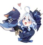 1girl :d absurdres ahoge ascot asymmetrical_gloves black_gloves blue_ascot blue_eyes blue_hat blue_jacket blue_streaks blush commentary_request creature cropped_torso drop-shaped_pupils furina_(genshin_impact) genshin_impact gloves hair_between_eyes hat heart heterochromia highres holding holding_creature jacket koholasaurus_(genshin_impact) looking_at_creature medium_hair mismatched_gloves multicolored_hair simple_background smile solo streaked_hair symbol-shaped_pupils top_hat white_background white_gloves white_hair yoshino_mugiko 