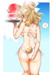  ! !! 1girl absurdres adjusting_clothes adjusting_swimsuit alpaca_ears alpaca_girl alpaca_tail animal_ears arm_behind_back ass back backboob bikini blonde_hair blue_eyes blush border breasts commentary_request cup extra_ears floating_hair food from_behind gradient_background hair_bun hakumaiya hand_up highres holding holding_tray horizontal_pupils kemono_friends kneepits looking_at_viewer medium_hair nose_blush outside_border shaved_ice shoulder_blades side-tie_bikini_bottom sideways_glance single_hair_bun solo spoken_exclamation_mark suri_alpaca_(kemono_friends) surprised swimsuit tail tray white_bikini white_border 
