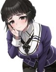  1girl black_hair black_skirt blunt_bangs blush braid braided_bun breasts brown_eyes camouflage camouflage_skirt commentary_request hair_bun hair_ornament hairclip jacket kantai_collection long_hair long_sleeves looking_at_viewer military_uniform myoukou_(kancolle) myoukou_kai_ni_(kancolle) pencil_skirt purple_jacket sidelocks single_hair_bun skirt smile solo upper_body white_background yuno_ff 