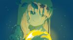  1girl 8osakana_san8 blonde_hair blue_background flower green_eyes hair_flower hair_ornament leaf_hair_ornament light_bulb maize_(oneshot) oneshot_(game) smile 