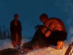  1girl 2boys absurdres barefoot blood blood_on_face bone bonfire cannibalism cold commentary corpse dark death eating english_commentary extra_arms extra_eyes fire from_side full_body guro highres japanese_clothes jujutsu_kaisen keki_1205 kimono looking_at_viewer multiple_boys night outdoors ryoumen_sukuna_(jujutsu_kaisen) ryoumen_sukuna_(true_form)_(jujutsu_kaisen) short_hair signature snow squatting standing star_(symbol) tree twitter_username uraume_(jujutsu_kaisen) winter 