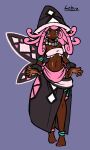  1girl alternate_color anklet arm_strap bare_shoulders black_hat black_sarong black_wings bracelet breasts butterfly_wings character_name colored_eyelashes curly_hair dark-skinned_female dark_skin earrings flower flower_necklace frilled_tube_top frills full_body grey_background hat highres insect_wings jewelry long_sidelocks medium_hair midriff multicolored_eyes navel no_sclera official_alternate_color pink_hair pokemon sarong shiny_pokemon sidelocks small_breasts solo soniverseu sphere_earrings strapless tapu_lele thigh_strap tube_top white_tube_top wings 