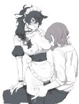  1boy 1girl ahoge akechi_goro alternate_costume amamiya_ren animal_ears apron bell black_thighhighs blush bow braid breast_sucking breasts choker commentary_request cow_ears detached_sleeves dress fake_animal_ears frilled_apron frilled_choker frills genderswap genderswap_(mtf) grabbing_another's_hair hair_between_eyes hair_bow hetero highres holding_another's_hair large_breasts light_smile long_sleeves looking_at_another low_side_ponytail maid maid_headdress monochrome nipple_stimulation pants persona persona_5 puffy_short_sleeves puffy_sleeves shirt short_hair short_sleeves side_ponytail sleeves_rolled_up thighhighs waist_apron white_trim wrist_cuffs yutaka_(yamintyu) 