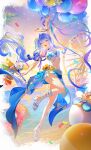  1girl absurdres arm_up ball balloon bare_shoulders beachball bikini blue_hair breasts chinese_commentary cleavage commentary_request dafu_zhentan facial_mark floating_hair flower hair_ornament halo head_wings heart heart_facial_mark highres holding holding_balloon holding_microphone honkai:_star_rail honkai_(series) long_hair looking_at_viewer mark_under_eye microphone navel outdoors robin_(honkai:_star_rail) robin_(summeretto)_(honkai:_star_rail) sandals sarong smile solo standing standing_on_one_leg star_(symbol) star_facial_mark star_print starfish_hair_ornament stomach sunflower swimsuit white_bikini white_sandals white_sarong white_wings wings 