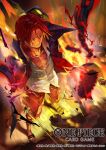  1boy closed_mouth commentary_request copyright_name fire full_body haki_(one_piece) male_focus matsumoto_akira official_art one_piece one_piece_card_game red_hair sandals scar scar_on_face shanks_(one_piece) shirt short_hair solo warm_colors white_shirt 