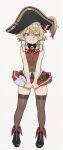  1girl absurdres ai-generated arrow_through_heart ascot bare_shoulders belt bicorne black_boots blonde_hair blue_eyes blush boots bow bowtie brown_leotard brown_thighhighs buttons choker clenched_hands clenched_teeth cosplay dot_nose flat_chest frilled_choker frills furrowed_brow hair_between_eyes hair_ribbon half-closed_eye hat heart highres hololive houshou_marine houshou_marine_(cosplay) jacket jewelry leather_belt leotard looking_at_viewer miniskirt navel pirate_costume pirate_hat red_ascot red_bow red_bowtie red_jacket ribbon see-through_clothes see-through_leotard short_hair simple_background skirt sleeveless sleeveless_jacket solo sweatdrop tanya_degurechaff teeth thighhighs virtual_youtuber white_background worldsaboten youjo_senki 