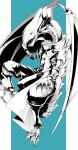  1boy ahiru-kmo belt black_shirt blue-eyes_white_dragon blue_background claws coat commentary_request dragon duel_monster greyscale_with_colored_background highres kaiba_seto outside_border pants pillarboxed shirt short_hair white_coat wings yu-gi-oh! 