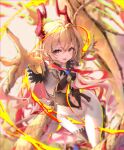  1girl black_shirt blonde_hair bodysuit clothing_cutout colored_inner_hair commentary dragon_girl dragon_horns dragon_tail dragon_wings earrings feather_earrings feathers highres horns jewelry long_hair lumiore_(shadowverse) multicolored_hair navel navel_cutout open_mouth pointy_ears reaching reaching_towards_viewer red_hair red_horns shadowverse shirt single_wing sleeveless sleeveless_bodysuit slit_pupils smile solo stomach_cutout tail teeth upper_teeth_only white_bodysuit wings xxxxxg yellow_eyes yellow_scales yellow_tail yellow_wings 