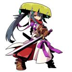  1girl black_hair boots brown_boots brown_gloves closed_mouth commentary_request diamond_(gemstone) full_body fuurai_(sekaiju) fuurai_2_(sekaiju) gloves hakama hakama_pants haruyasai_(sanbunno) holding holding_sword holding_weapon japanese_clothes katana legs_apart long_hair looking_at_viewer neck_warmer pants red_pants sandogasa scabbard sekaiju_no_meikyuu sekaiju_to_fushigi_no_dungeon sheath simple_background solo sword weapon white_background yellow_eyes 