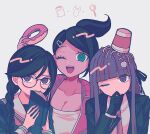  3girls :d asahina_aoi bangs black_jacket black_ribbon blunt_bangs book braid breasts brown_necktie cleavage collared_shirt covered_mouth danganronpa:_trigger_happy_havoc danganronpa_(series) dark-skinned_female dark_skin doughnut food food_on_head fukawa_touko glasses green_eyes grey_shirt hair_ornament hair_ribbon hairclip holding holding_book jacket kirigiri_kyouko large_breasts long_hair multiple_girls necktie noodles object_on_head open_clothes open_jacket pisapipi ramen red_jacket ribbon sailor_collar shirt side_braid smile teeth tongue twin_braids upper_body upper_teeth 