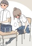  1boy 1girl bag black_shorts blue_skirt blush brown_hair chair closed_mouth collared_shirt commentary_request desk dress_shirt full-face_blush grey_background grey_pants grey_socks hair_bun juukyuu loafers on_chair original pants pleated_skirt school_bag school_chair school_desk school_uniform shirt shoes shorts shorts_under_skirt sitting skirt socks two-tone_background undressing unworn_shoes white_background white_shirt white_shoes 