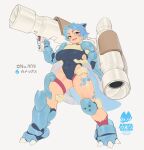  1girl absurdres armor blastoise blue_hair blue_leotard breasts cannon commentary_request highres humanization knifecat large_breasts leotard pokemon short_hair simple_background smile toned toned_female 