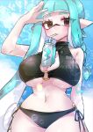  1girl absurdres arm_up artist_logo artist_name bare_shoulders bikini black_bikini blue_hair blush braid breasts brown_eyes bubble can cleavage cleavage_cutout clothing_cutout cloud cloudy_sky commentary cowboy_shot day drinking_straw english_commentary eyelashes halterneck highres inkling inkling_girl inkling_player_character large_breasts logo long_hair navel o-ring o-ring_bikini o-ring_bikini_bottom o-ring_top outdoors pointy_ears side-tie_bikini_bottom single_braid sky solo splatoon_(series) stomach suction_cups swimsuit tentacle_hair thighs twitter_username very_long_hair xxowo_ovoxx 