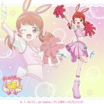  1girl :d ;d animal_ear_hairband animal_ears anime_coloring anniversary arched_bangs arm_up cheering commentary_request copyright_logo copyright_notice crop_top fake_animal_ears full_body gradient_background hairband harune_aira leg_up lens_flare logo low_twintails navel official_alternate_hairstyle official_art one_eye_closed open_mouth pink_hair pink_shirt pleated_skirt pom_pom_(cheerleading) pretty_rhythm pretty_rhythm_aurora_dream pretty_series print_shirt rabbit_ear_hairband rabbit_ears red_eyes red_hair shirt short_sleeves skirt smile socks sparkle standing standing_on_one_leg twintails white_socks zoom_layer 