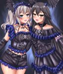  2girls :d absurdres bat_wings belt black_background black_choker black_collar black_gloves black_hair black_hairband black_shirt black_shorts black_skirt blue_background blue_eyes blush breasts brown_eyes choker collar commentary_request commission cowboy_shot double-parted_bangs elbow_gloves fake_head_wings frilled_choker frilled_gloves frilled_shirt frilled_skirt frills gloves gradient_background grey_hair hair_between_eyes hairband haruna_(kancolle) highres kantai_collection kashima_(kancolle) large_breasts lipstick long_hair looking_at_viewer makeup multiple_girls open_mouth pink_lips pixiv_commission shirt short_shorts shorts sidelocks skirt sleeveless sleeveless_shirt smile standing thighs twintails very_long_hair wings zanntetu 