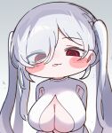  1girl armpit_cutout blush bodysuit breasts cinderella_(nikke) cleavage clothing_cutout commentary_request goddess_of_victory:_nikke grey_sarong hair_over_one_eye highres korean_commentary large_breasts long_hair looking_at_viewer mming_(mmingis18) one_eye_covered open_mouth red_eyes sarong see-through_bodysuit see-through_clothes simple_background smile smirk smug solo stomach_cutout twintails very_long_hair white_background white_bodysuit white_hair 