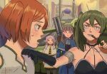  4girls :3 =_= armlet battle_rifle black_choker black_dress black_gloves black_pantyhose blue_capelet blue_dress blush br55 braid bridge bullpup capelet choker cigar city closed_eyes closed_mouth dated double-parted_bangs dress earrings elf frieren gloves green_hair grey_hair gun half_up_braid halo_(series) halo_2 hand_on_another's_shoulder highres highway jewelry kanne_(sousou_no_frieren) kanokoga lawine_(sousou_no_frieren) long_hair m41_spnkr mecha military_vehicle motor_vehicle multiple_girls multishot_rocket_launcher open_mouth orange_eyes orange_hair pantyhose pointy_ears purple_eyes rifle robe robot rocket_launcher scarab_(halo) scene_reference scorpion_(halo) shirt short_hair side_ponytail sidelocks signature sousou_no_frieren sweatdrop tank teeth twintails ubel_(sousou_no_frieren) walker_(robot) weapon weapon_on_back weapon_strap white_capelet white_hair white_robe white_shirt 