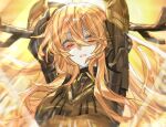  1girl antlers arm_behind_head armor arms_up black_armor black_necktie black_shirt blonde_hair breastplate breasts collared_shirt commentary_request couter don_quixote_(project_moon) floating_hair gold_trim hair_between_eyes hands_up haute_couture::le_noir_brand_manager_(identity)_(project_moon) highres holding holding_weapon horns koqn4quz2a83548 korean_commentary limbus_company long_hair looking_at_viewer looking_down necktie parted_lips pauldrons project_moon rerebrace shirt shoulder_armor sidelocks simple_background solo upper_body vambraces very_long_hair weapon yellow_background yellow_eyes 