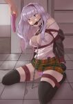  1girl 1other absurdres arms_behind_back bdsm black_collar black_jacket black_thighhighs bondage bound bra breasts collar commentary commission dildo english_commentary frogtie gag gagged hairband harris_hero highres holding holding_sex_toy idolmaster idolmaster_(classic) jacket kidnapped large_breasts long_hair multicolored_skirt panties pink_bra pink_panties purple_eyes restrained ring_gag rope second-party_source sex_toy shibari shijou_takane shirt skirt solo_focus story_in_commentary taped_hands thighhighs underwear vibrator white_shirt 