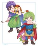  2boys aged_down belt belt_buckle black_hair blue_eyes boots borongo bracelet brown_boots brown_eyes buckle cape cloak commentary_request dragon_quest dragon_quest_v frog full_body great_sabrecub green_hair green_tunic henry_(dq5) hero_(dq5) highres holding holding_stick jewelry long_hair low_ponytail minidemon multiple_boys on_shoulder open_mouth ponytail purple_cape purple_cloak purple_turban red_cape rope_belt short_hair smile standing stick tsunao527 tunic turban 