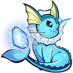  04sora40 blue_sclera cetacean_tail closed_mouth colored_sclera commentary_request evolution_stone fins fish_tail full_body head_fins no_humans pokemon pokemon_(creature) pokemon_focus sitting solo tail vaporeon water_stone white_background 