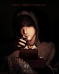  1boy absurdres black_hair black_hoodie black_nails cake cake_slice commentary food highres holding holding_cake holding_food holding_lighter hood hood_up hoodie lighter looking_at_viewer lucia_s male_focus nikolas_randl outstretched_arm print_hoodie pyromaniac short_hair solo translation_request underlighting upper_body 