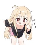  1girl :p absurdres ahoge akanbe black_shirt blonde_hair blunt_ends blush_stickers breasts cho_kaguya-hime! closed_mouth commentary deformed dolphin_shorts dot_nose downblouse eclair0015 eyelid_pull feet_out_of_frame highres kaguya_(cho_kaguya-hime!) leaning_forward long_hair looking_at_viewer no_bra pink_shorts red_eyes shirt short_shorts shorts simple_background small_breasts smile smug solo standing straight_hair three-quarter_sleeves tongue tongue_out translated v-shaped_eyebrows very_long_hair white_background 